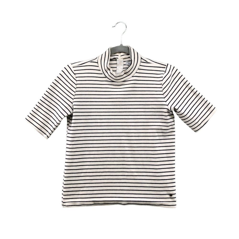 Abercrombie & Fitch Mock Neck T Shirt Womens M Black White Striped Short Sleeve